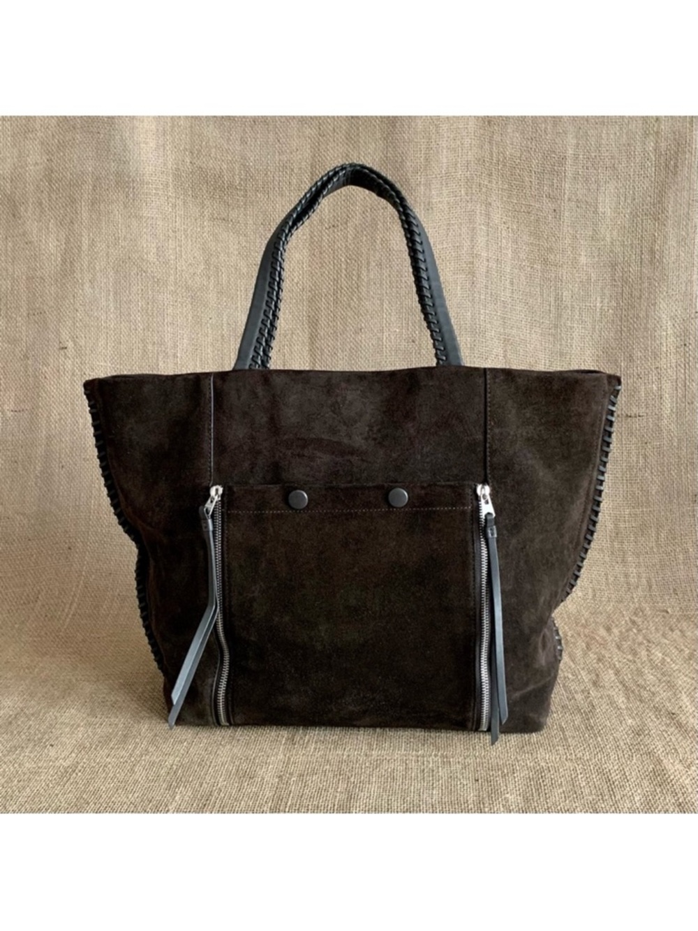 ALL SAINTS Dark Brown Fleur De Lis East West Tote Bag Suede Leather